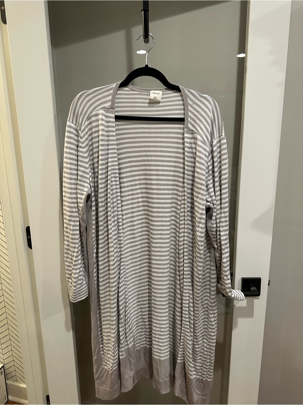 Soma Lightweight Striped Open Cardigan - Light Gray & White